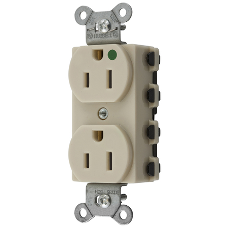 HUBBELL WIRING DEVICE-KELLEMS Straight Blade Devices, Receptacles, Duplex, SNAPConnect, Hospital Grade, 15A 125V, 2-Pole 3-Wire Grounding, 5-15R, Nylon, Ivory, USA SNAP8200INA
